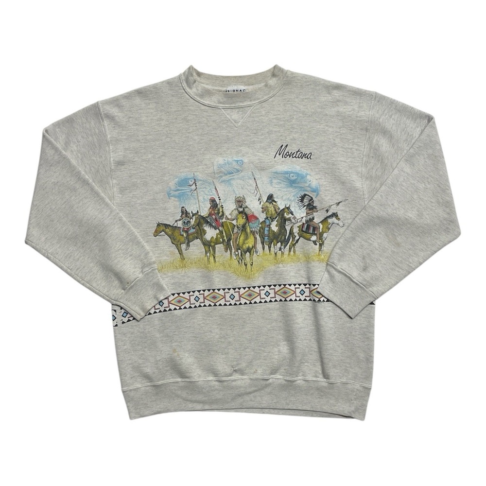 VINTAGE Eagle Navajo Women Sweatshirt XL Gray Graphic Fleece Southwestern 90s